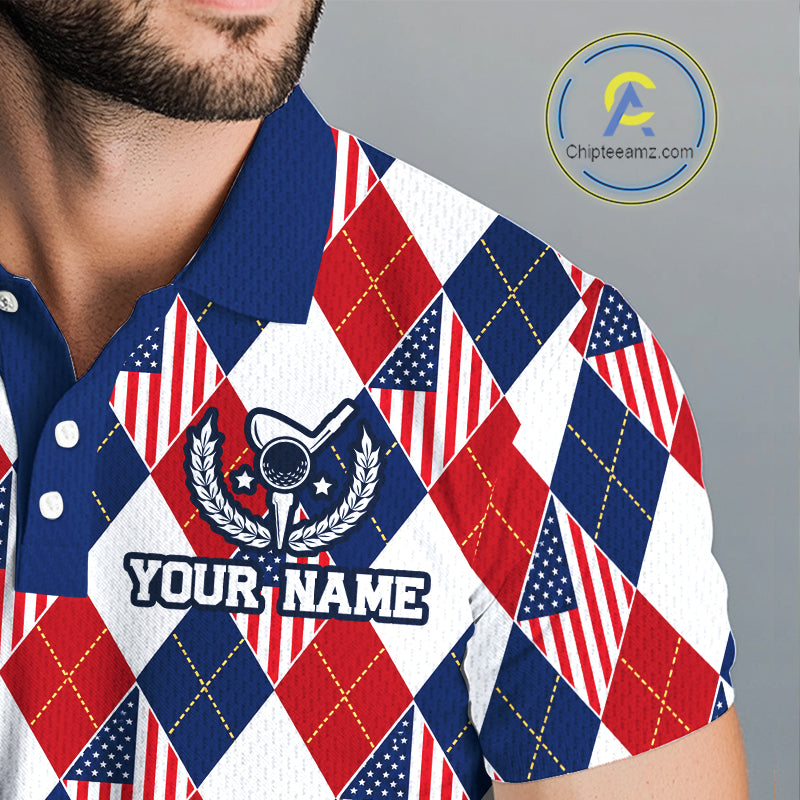 American Flag Argyle Golf Polo Shirt For Men Custom Red White Blue Argyle Golf Team Shirts NYN4929