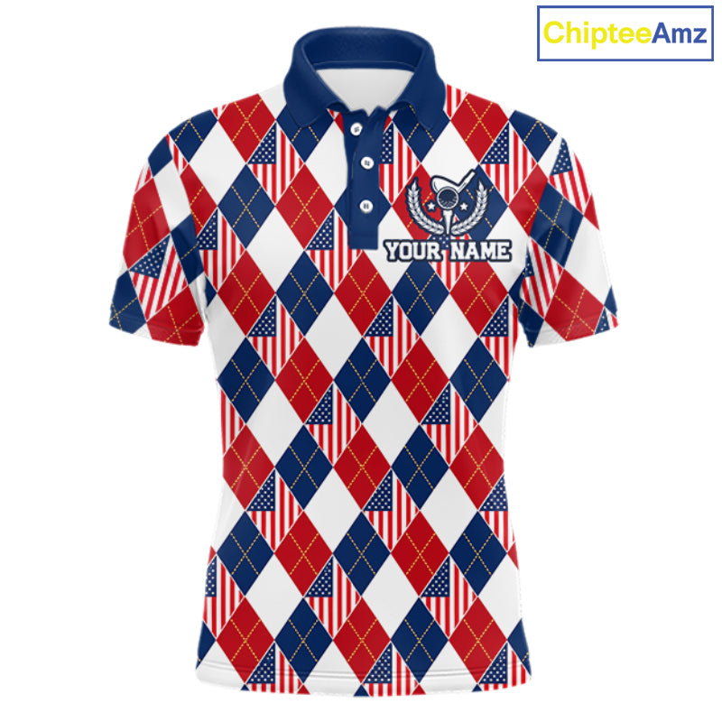 American Flag Argyle Golf Polo Shirt For Men Custom Red White Blue Argyle Golf Team Shirts NYN4929