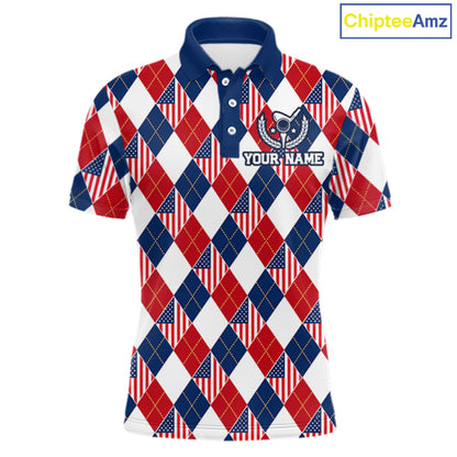 American Flag Argyle Golf Polo Shirt For Men Custom Red White Blue Argyle Golf Team Shirts NYN4929