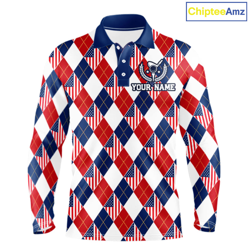 American Flag Argyle Golf Polo Shirt For Men Custom Red White Blue Argyle Golf Team Shirts NYN4929