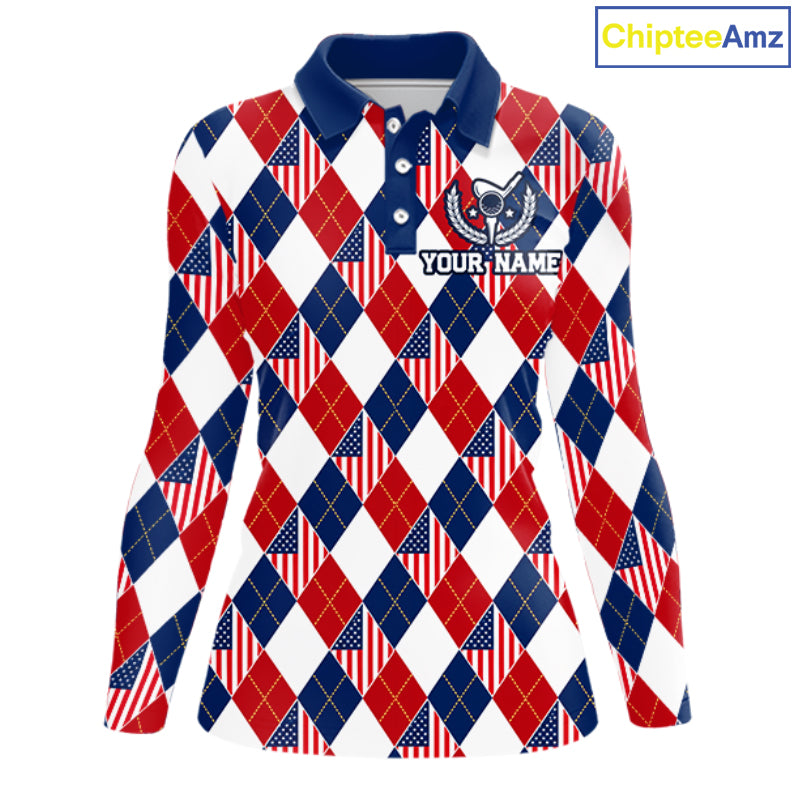 American Flag Argyle Golf Polo Shirt For Women Custom Red White Blue Argyle Golf Team Shirts NYN4929