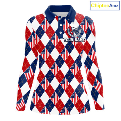 American Flag Argyle Golf Polo Shirt For Women Custom Red White Blue Argyle Golf Team Shirts NYN4929