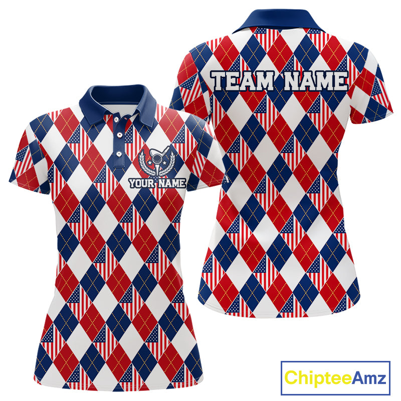American Flag Argyle Golf Polo Shirt For Women Custom Red White Blue Argyle Golf Team Shirts NYN4929