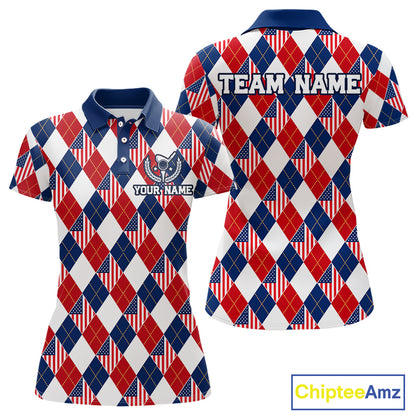 American Flag Argyle Golf Polo Shirt For Women Custom Red White Blue Argyle Golf Team Shirts NYN4929