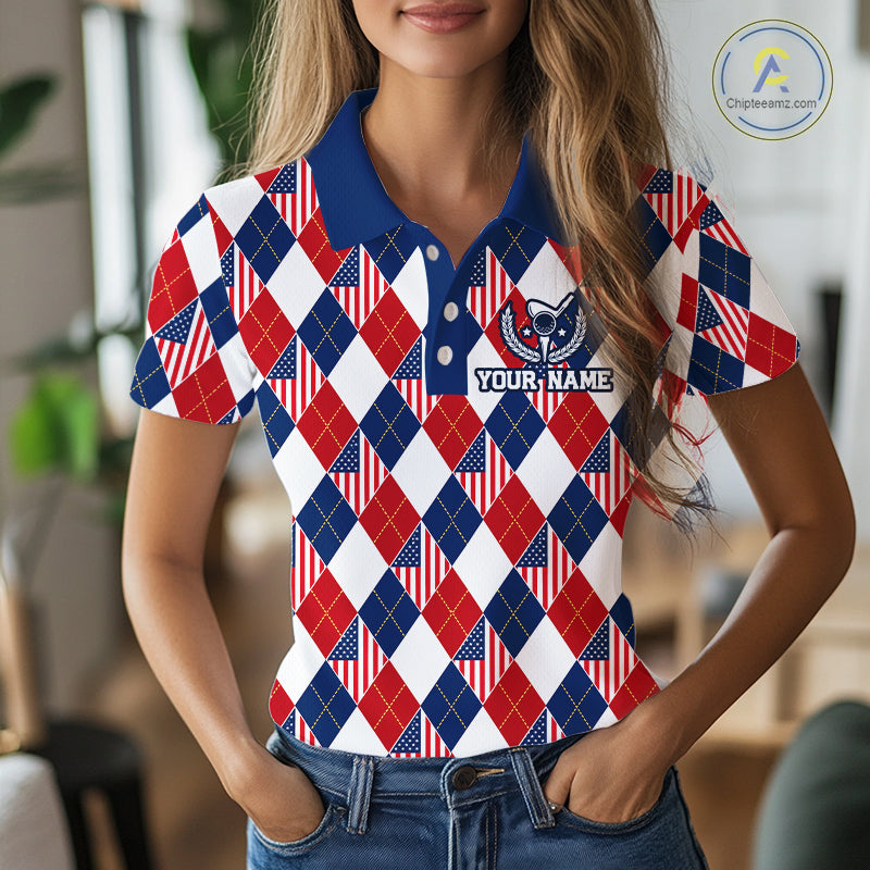 American Flag Argyle Golf Polo Shirt For Women Custom Red White Blue Argyle Golf Team Shirts NYN4929