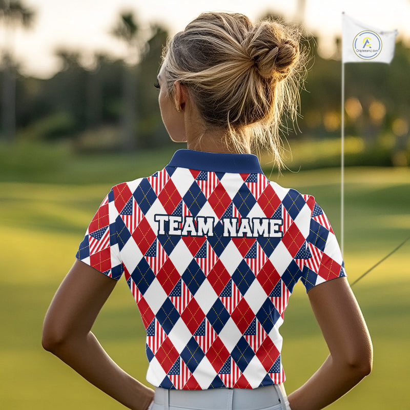 American Flag Argyle Golf Polo Shirt For Women Custom Red White Blue Argyle Golf Team Shirts NYN4929
