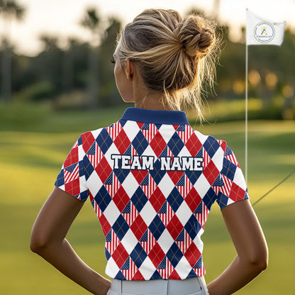 American Flag Argyle Golf Polo Shirt For Women Custom Red White Blue Argyle Golf Team Shirts NYN4929