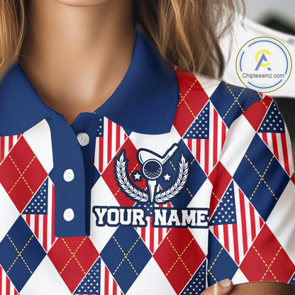 American Flag Argyle Golf Polo Shirt For Women Custom Red White Blue Argyle Golf Team Shirts NYN4929