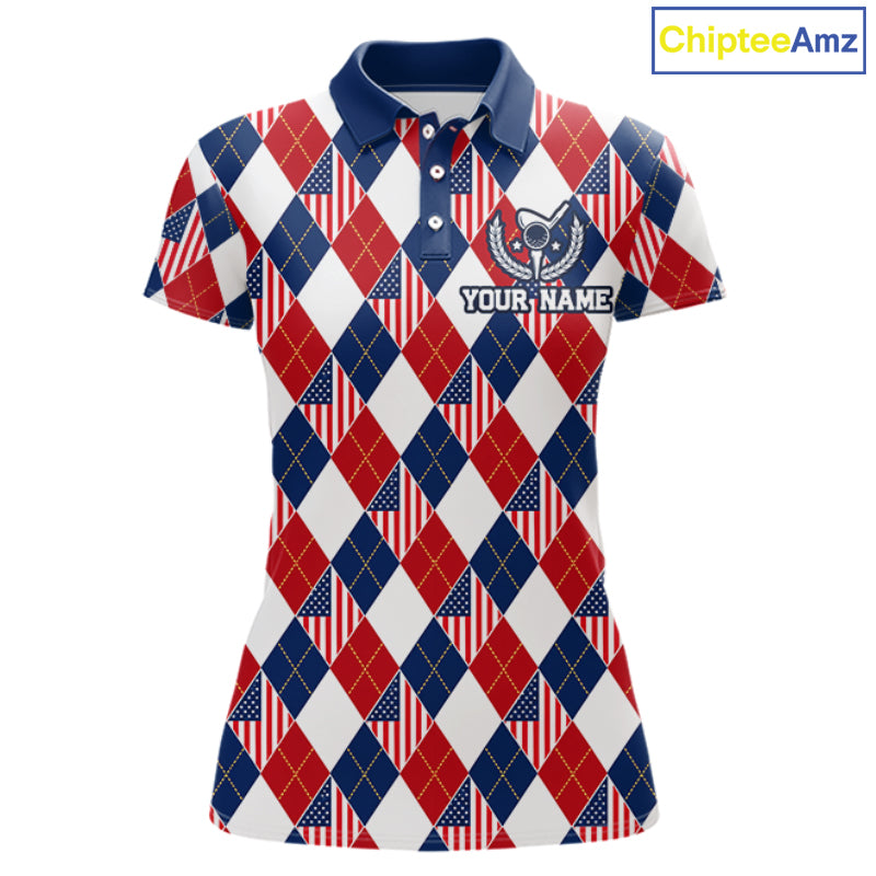 American Flag Argyle Golf Polo Shirt For Women Custom Red White Blue Argyle Golf Team Shirts NYN4929