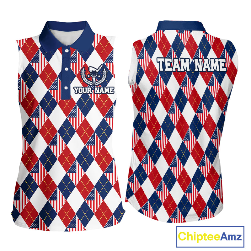 American Flag Argyle Golf Sleeveless Polo Shirt For Women Custom Red White Blue Argyle Golf Team Shirts NYN4929