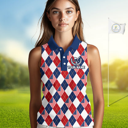 American Flag Argyle Golf Sleeveless Polo Shirt For Women Custom Red White Blue Argyle Golf Team Shirts NYN4929