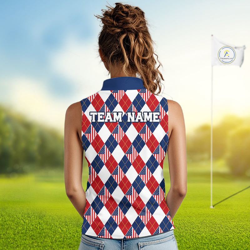 American Flag Argyle Golf Sleeveless Polo Shirt For Women Custom Red White Blue Argyle Golf Team Shirts NYN4929