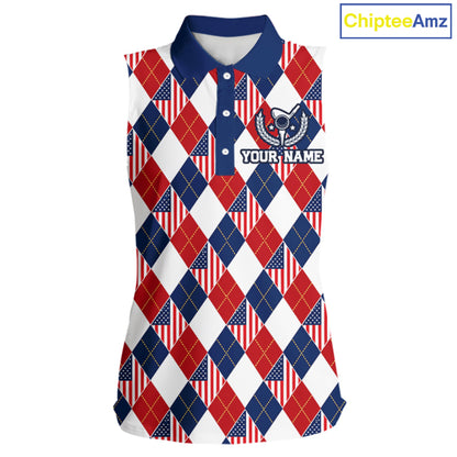 American Flag Argyle Golf Sleeveless Polo Shirt For Women Custom Red White Blue Argyle Golf Team Shirts NYN4929