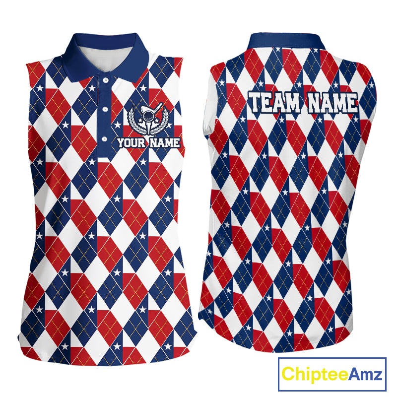 Texas Flag Argyle Golf Sleeveless Polo Shirt For Women Custom Red White Blue Argyle Golf Team Shirts NYN4930