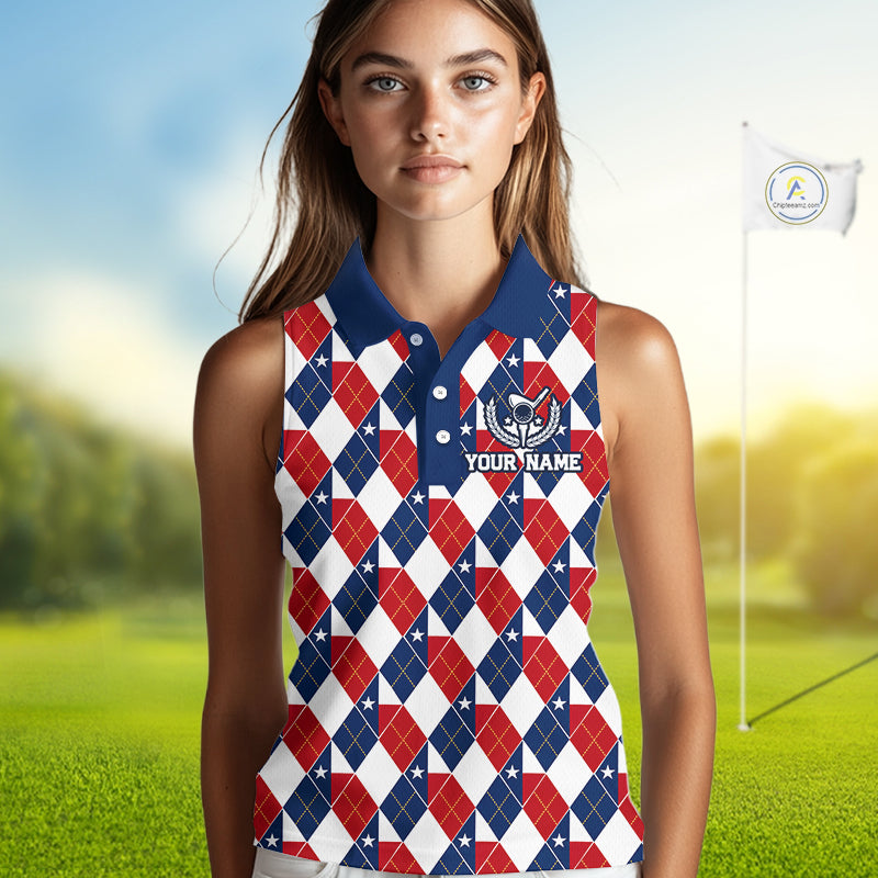 Texas Flag Argyle Golf Sleeveless Polo Shirt For Women Custom Red White Blue Argyle Golf Team Shirts NYN4930
