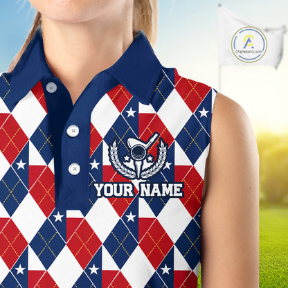 Texas Flag Argyle Golf Sleeveless Polo Shirt For Women Custom Red White Blue Argyle Golf Team Shirts NYN4930