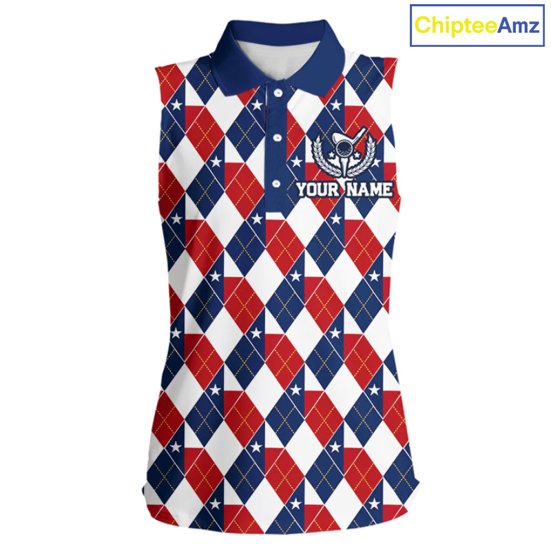 Texas Flag Argyle Golf Sleeveless Polo Shirt For Women Custom Red White Blue Argyle Golf Team Shirts NYN4930