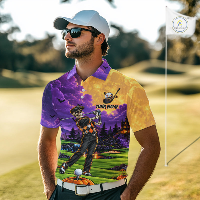 Halloween Mens Golf Polo Shirt Personalized Argyle Skeleton Golfer Halloween Golf Team Jersey NYN4932