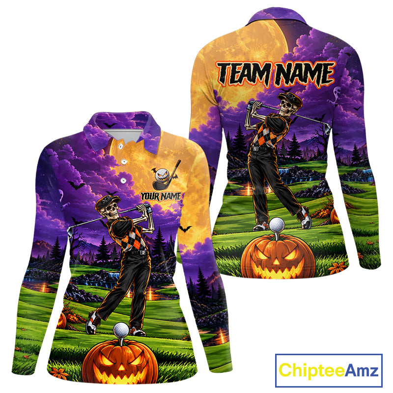 Halloween Women Golf Polo Shirt Personalized Argyle Skeleton Golfer Halloween Golf Team Jersey NYN4932