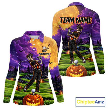 Halloween Women Golf Polo Shirt Personalized Argyle Skeleton Golfer Halloween Golf Team Jersey NYN4932