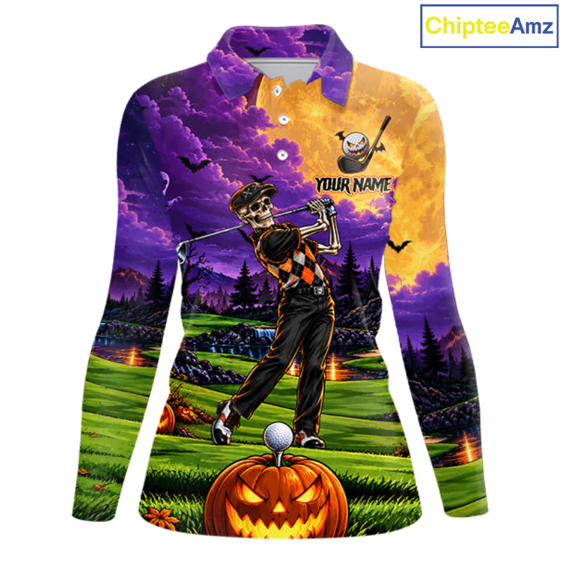 Halloween Women Golf Polo Shirt Personalized Argyle Skeleton Golfer Halloween Golf Team Jersey NYN4932