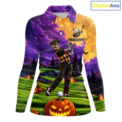 Halloween Women Golf Polo Shirt Personalized Argyle Skeleton Golfer Halloween Golf Team Jersey NYN4932