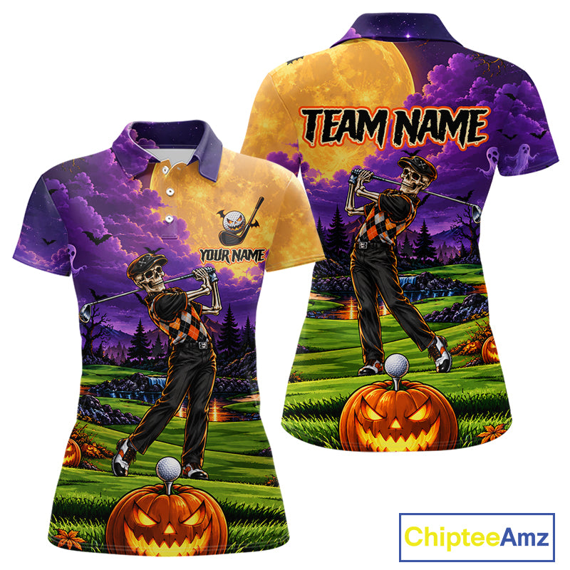 Halloween Women Golf Polo Shirt Personalized Argyle Skeleton Golfer Halloween Golf Team Jersey NYN4932