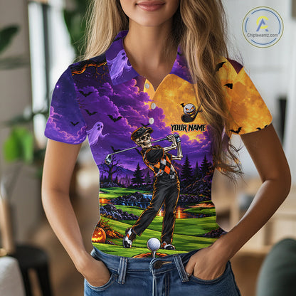 Halloween Women Golf Polo Shirt Personalized Argyle Skeleton Golfer Halloween Golf Team Jersey NYN4932