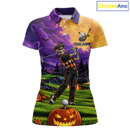 Halloween Women Golf Polo Shirt Personalized Argyle Skeleton Golfer Halloween Golf Team Jersey NYN4932