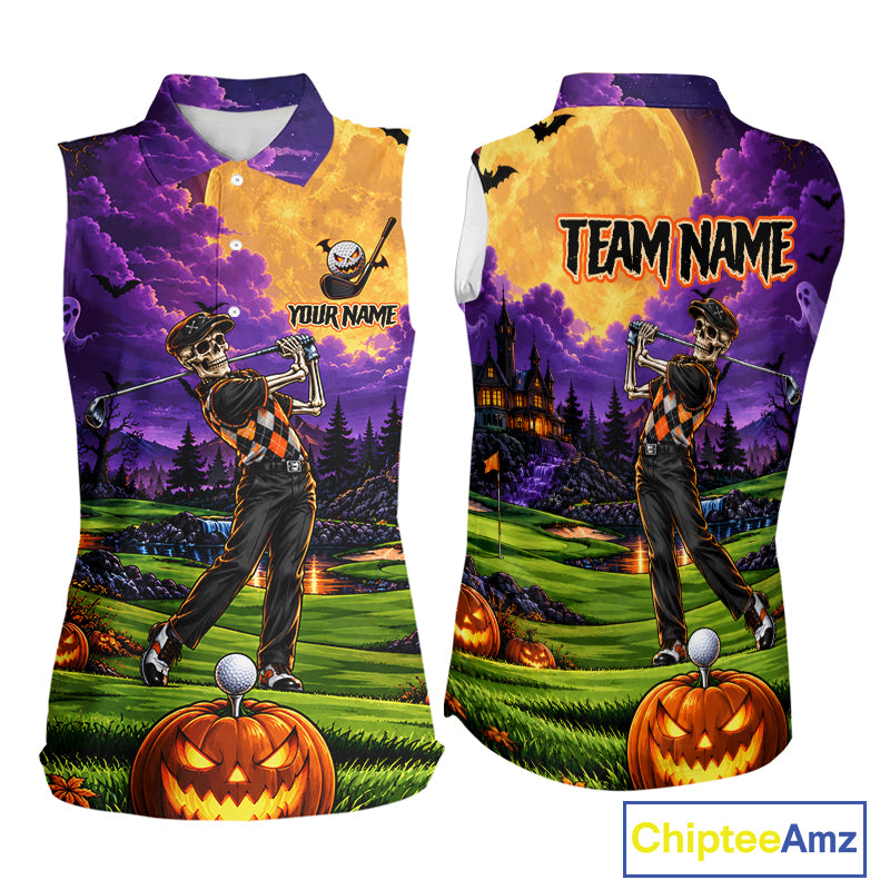 Halloween Women Golf Sleeveless Polo Shirt Personalized Argyle Skeleton Golfer Halloween Golf Team Jersey NYN4932