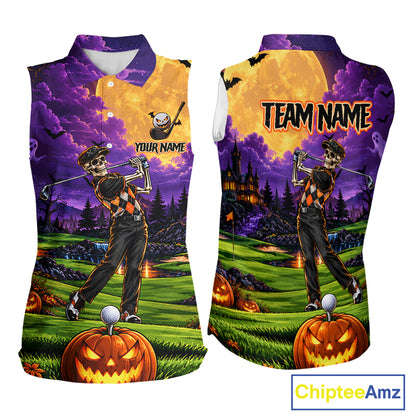 Halloween Women Golf Sleeveless Polo Shirt Personalized Argyle Skeleton Golfer Halloween Golf Team Jersey NYN4932