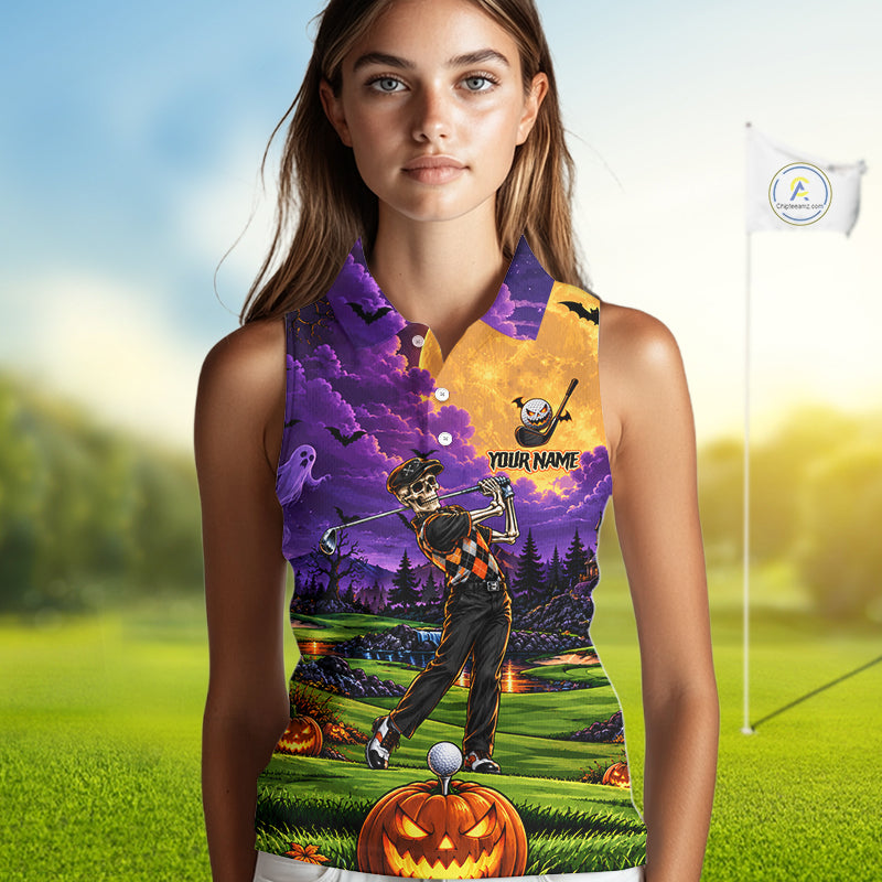 Halloween Women Golf Sleeveless Polo Shirt Personalized Argyle Skeleton Golfer Halloween Golf Team Jersey NYN4932