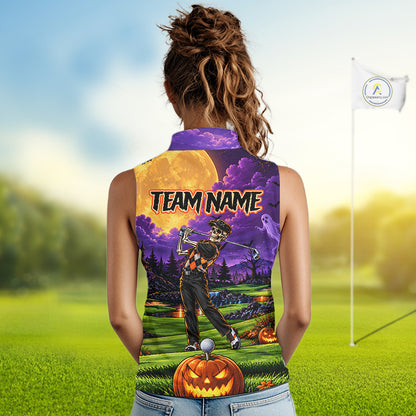 Halloween Women Golf Sleeveless Polo Shirt Personalized Argyle Skeleton Golfer Halloween Golf Team Jersey NYN4932