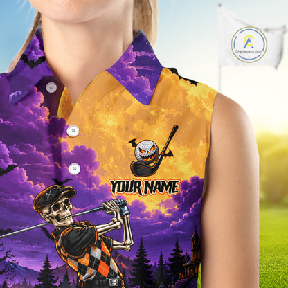 Halloween Women Golf Sleeveless Polo Shirt Personalized Argyle Skeleton Golfer Halloween Golf Team Jersey NYN4932