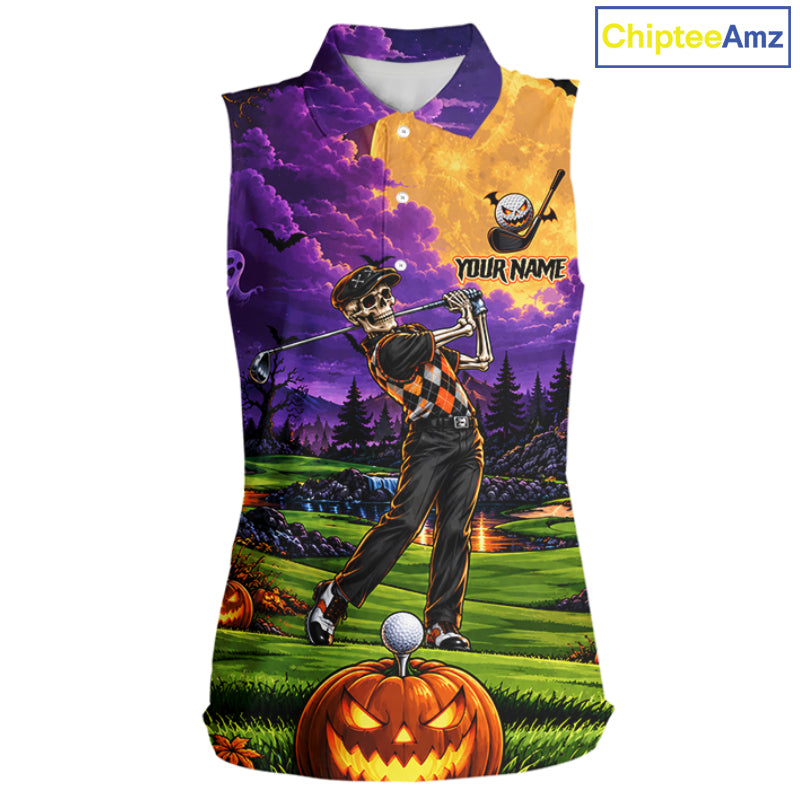 Halloween Women Golf Sleeveless Polo Shirt Personalized Argyle Skeleton Golfer Halloween Golf Team Jersey NYN4932