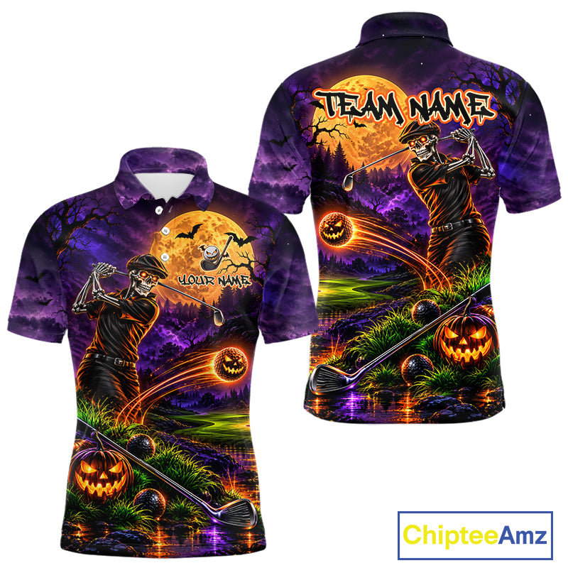 Personalized Halloween Skeleton Golf Polo Shirt For Men Custom Name Halloween Pumpkin Golf Jersey NYN4933