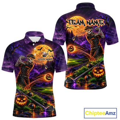 Personalized Halloween Skeleton Golf Polo Shirt For Men Custom Name Halloween Pumpkin Golf Jersey NYN4933