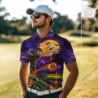 Personalized Halloween Skeleton Golf Polo Shirt For Men Custom Name Halloween Pumpkin Golf Jersey NYN4933