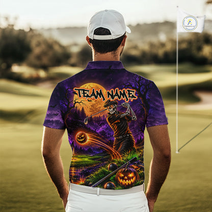 Personalized Halloween Skeleton Golf Polo Shirt For Men Custom Name Halloween Pumpkin Golf Jersey NYN4933