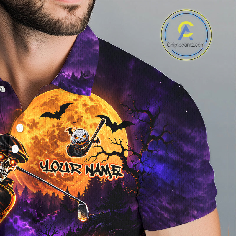 Personalized Halloween Skeleton Golf Polo Shirt For Men Custom Name Halloween Pumpkin Golf Jersey NYN4933