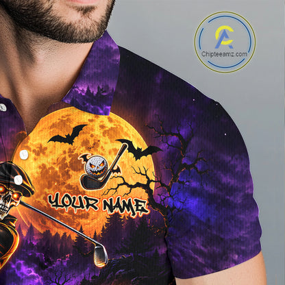 Personalized Halloween Skeleton Golf Polo Shirt For Men Custom Name Halloween Pumpkin Golf Jersey NYN4933