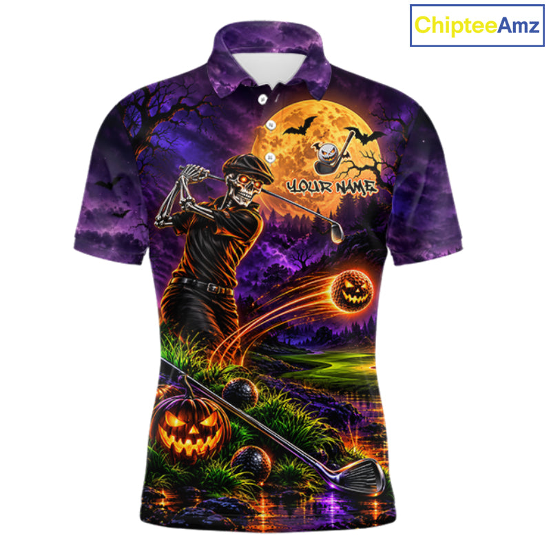 Personalized Halloween Skeleton Golf Polo Shirt For Men Custom Name Halloween Pumpkin Golf Jersey NYN4933