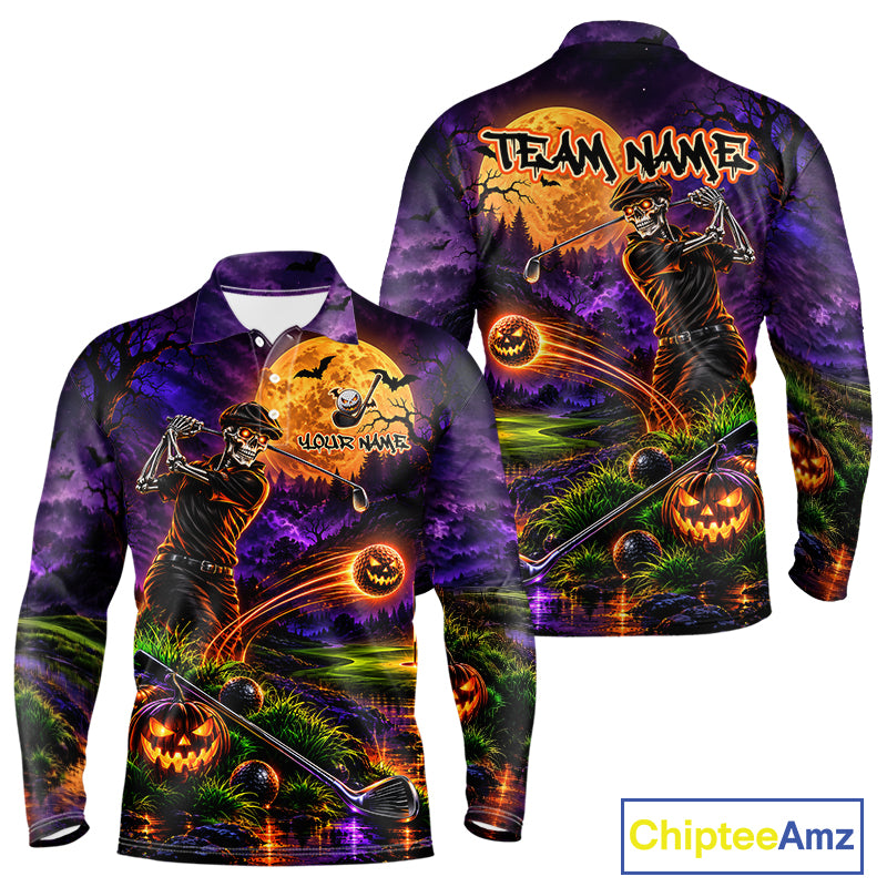Personalized Halloween Skeleton Golf Polo Shirt For Men Custom Name Halloween Pumpkin Golf Jersey NYN4933