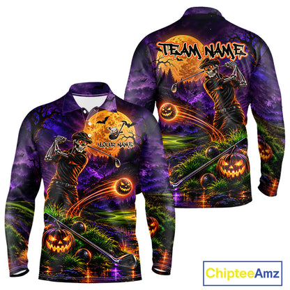 Personalized Halloween Skeleton Golf Polo Shirt For Men Custom Name Halloween Pumpkin Golf Jersey NYN4933