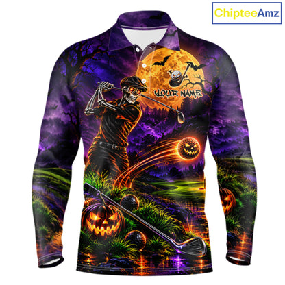 Personalized Halloween Skeleton Golf Polo Shirt For Men Custom Name Halloween Pumpkin Golf Jersey NYN4933