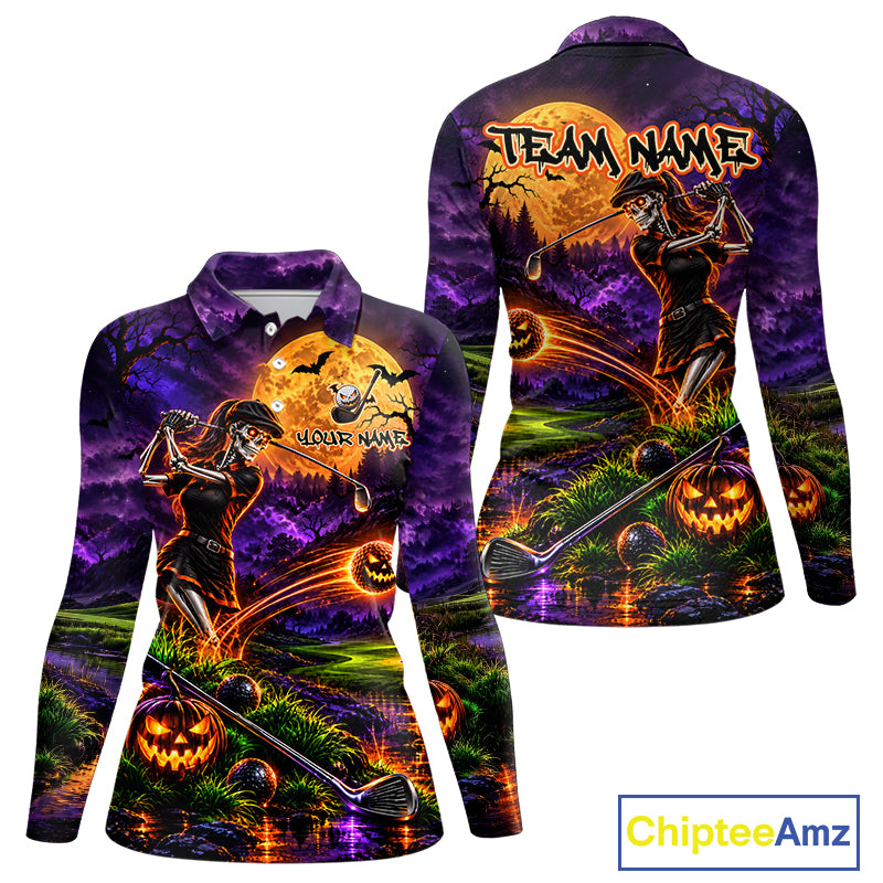 Personalized Halloween Skeleton Golf Polo Shirt For Women Custom Name Halloween Pumpkin Golf Jersey NYN4933