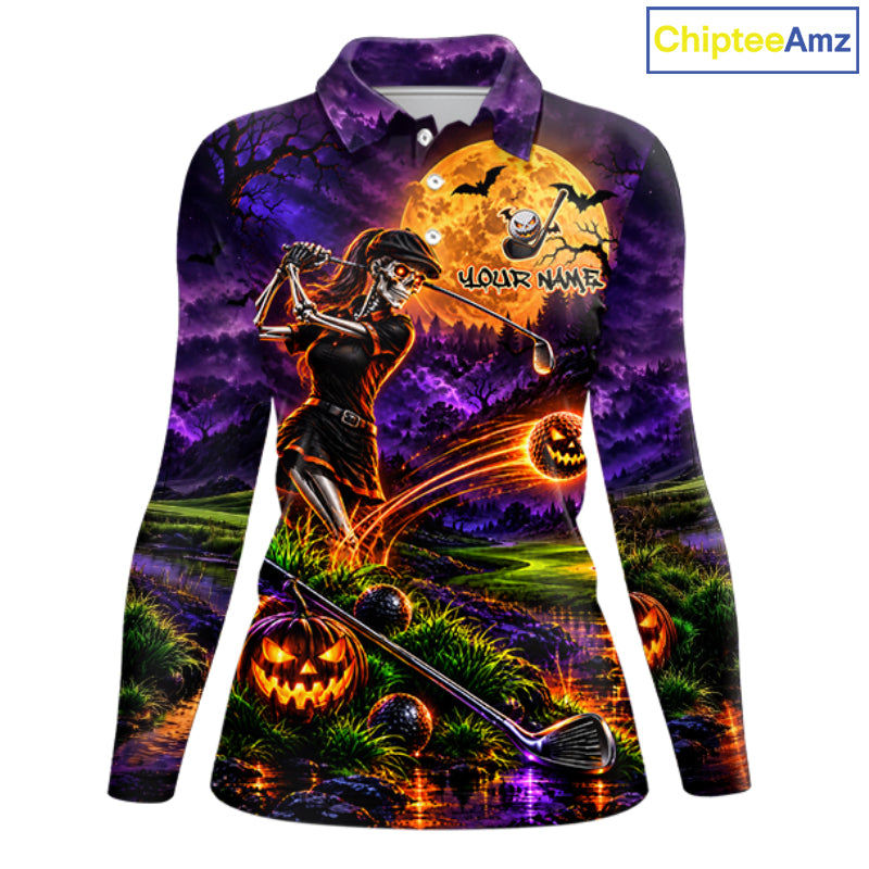Personalized Halloween Skeleton Golf Polo Shirt For Women Custom Name Halloween Pumpkin Golf Jersey NYN4933