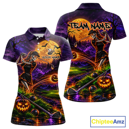 Personalized Halloween Skeleton Golf Polo Shirt For Women Custom Name Halloween Pumpkin Golf Jersey NYN4933