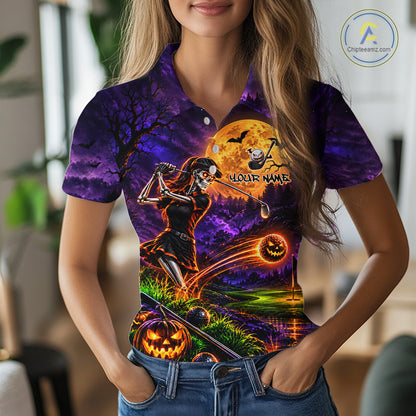 Personalized Halloween Skeleton Golf Polo Shirt For Women Custom Name Halloween Pumpkin Golf Jersey NYN4933
