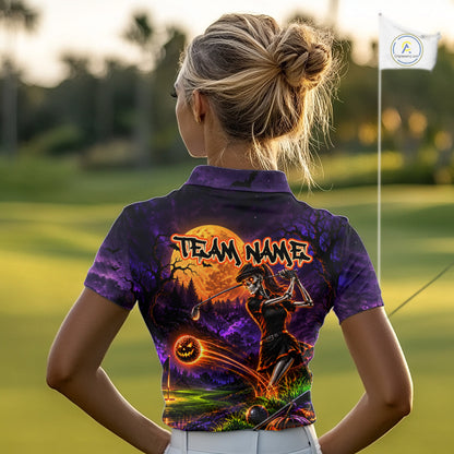 Personalized Halloween Skeleton Golf Polo Shirt For Women Custom Name Halloween Pumpkin Golf Jersey NYN4933